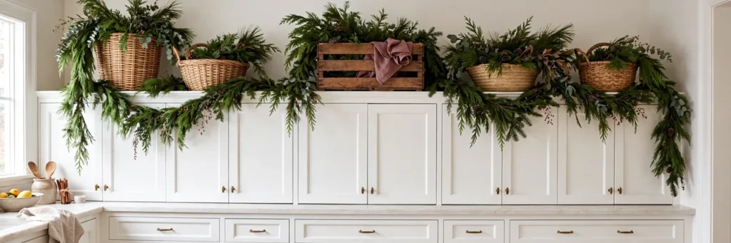 Woven baskets and a wooden crate giving different heights above kitchen cabinets