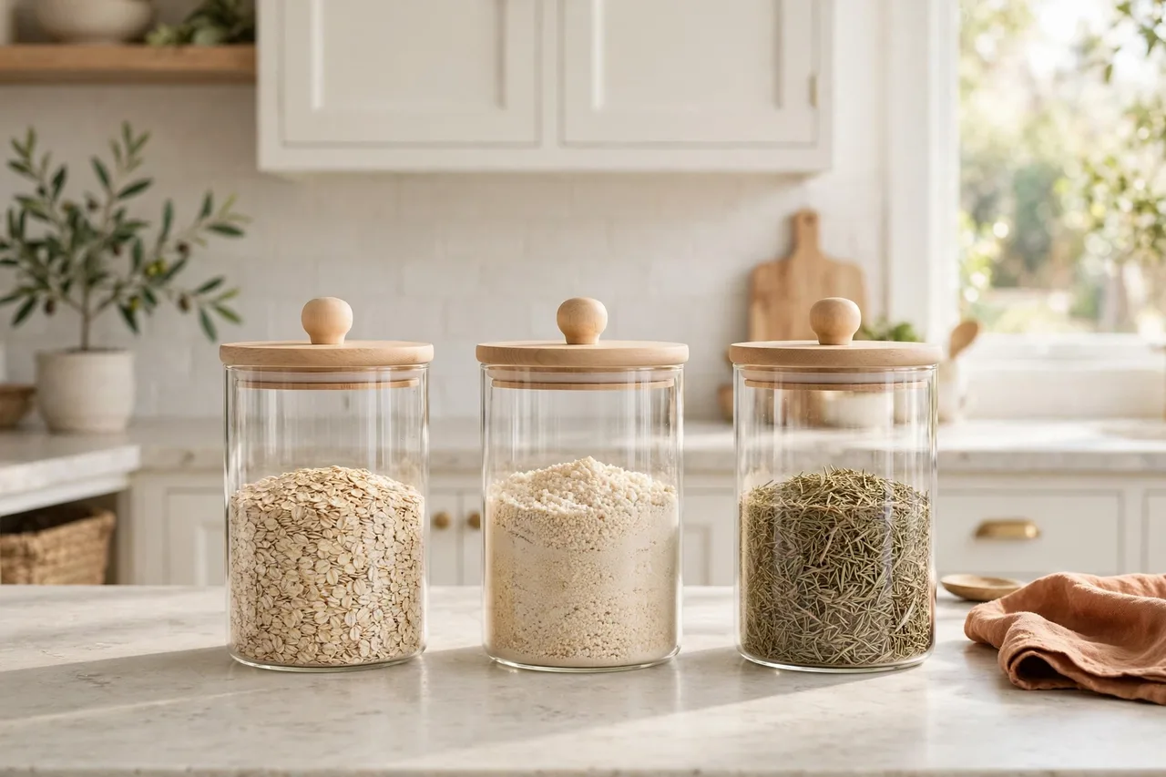 Matching glass canisters with wood lids in a row on a counter