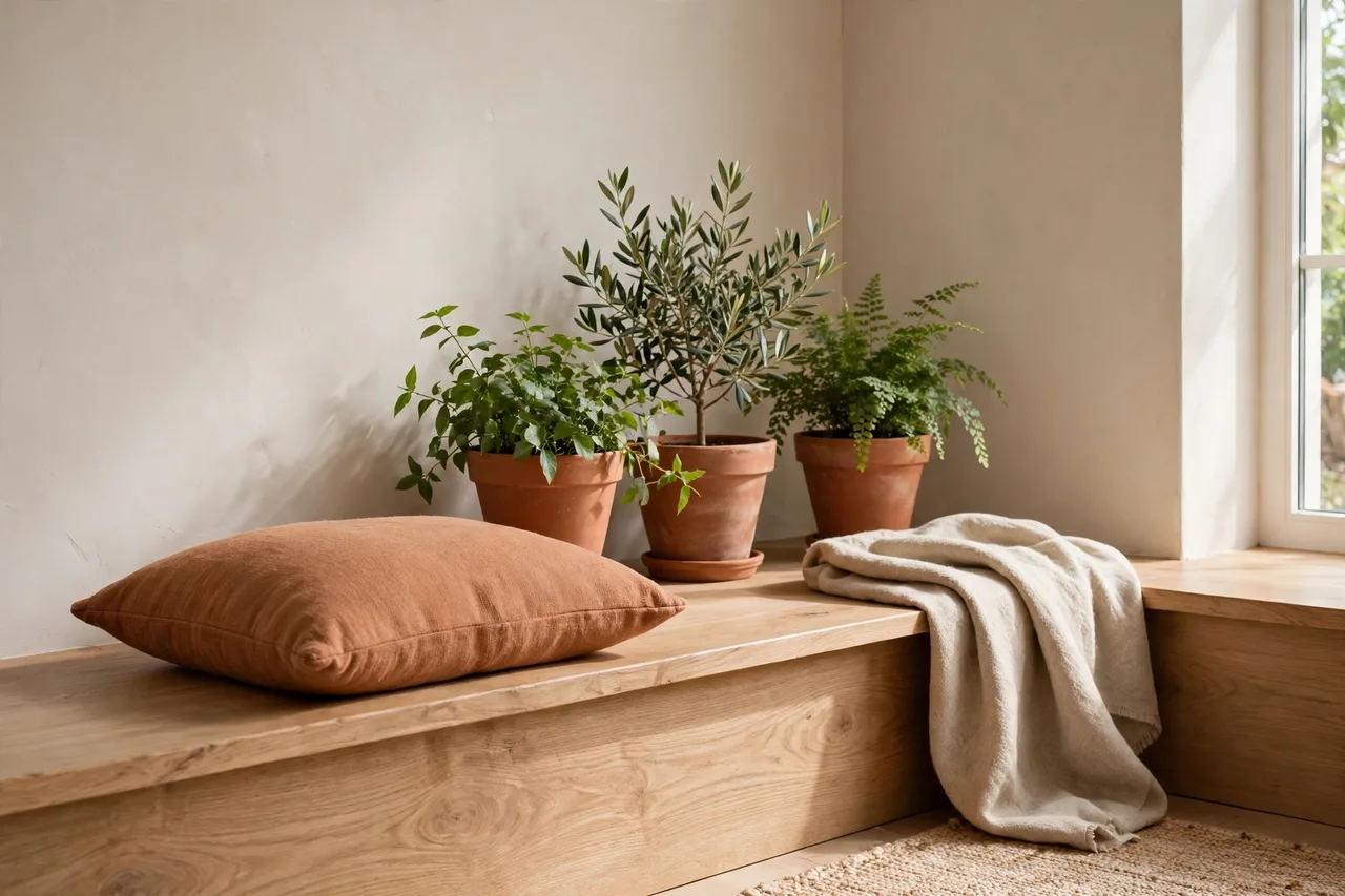 Terracotta accent repeated in a cushion, clay pot and framed print