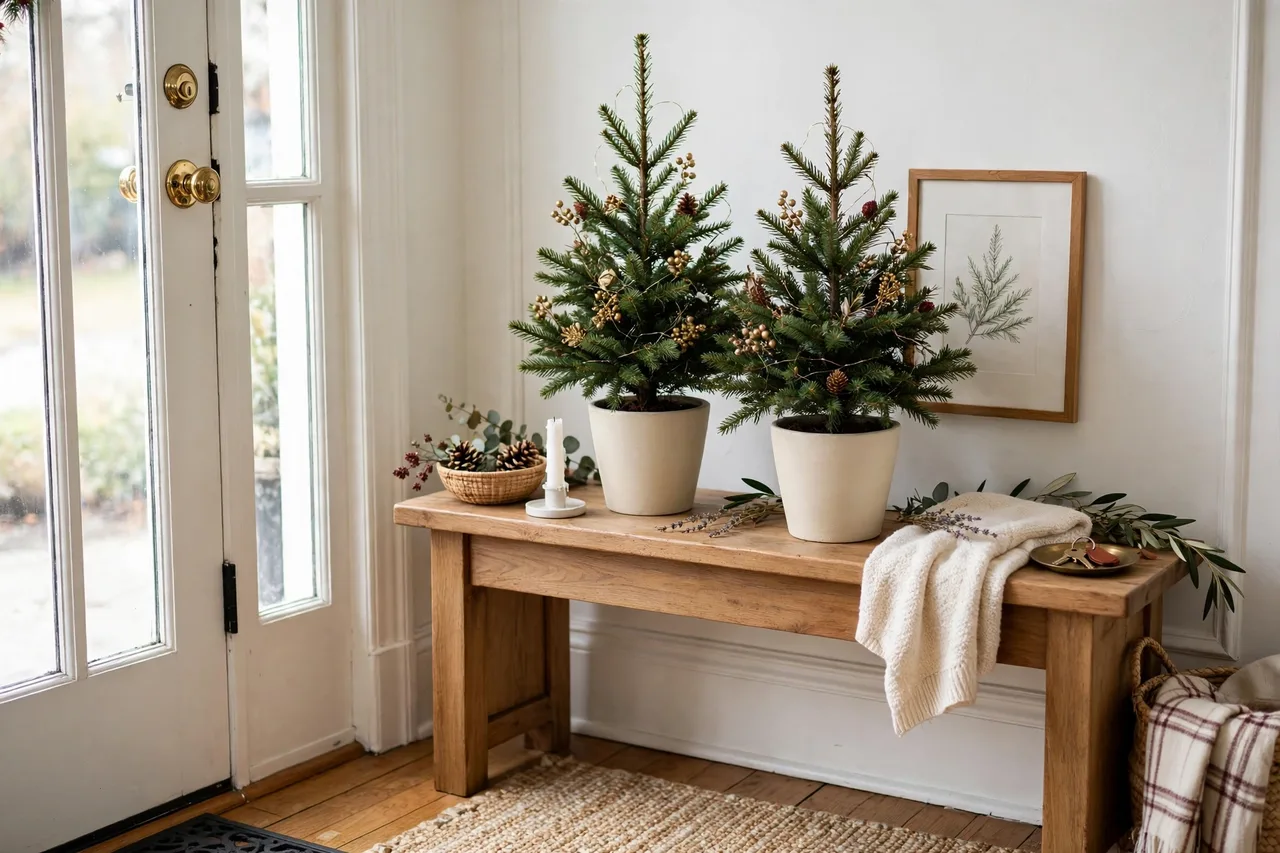Two small Christmas trees in matte pots beside an entry door