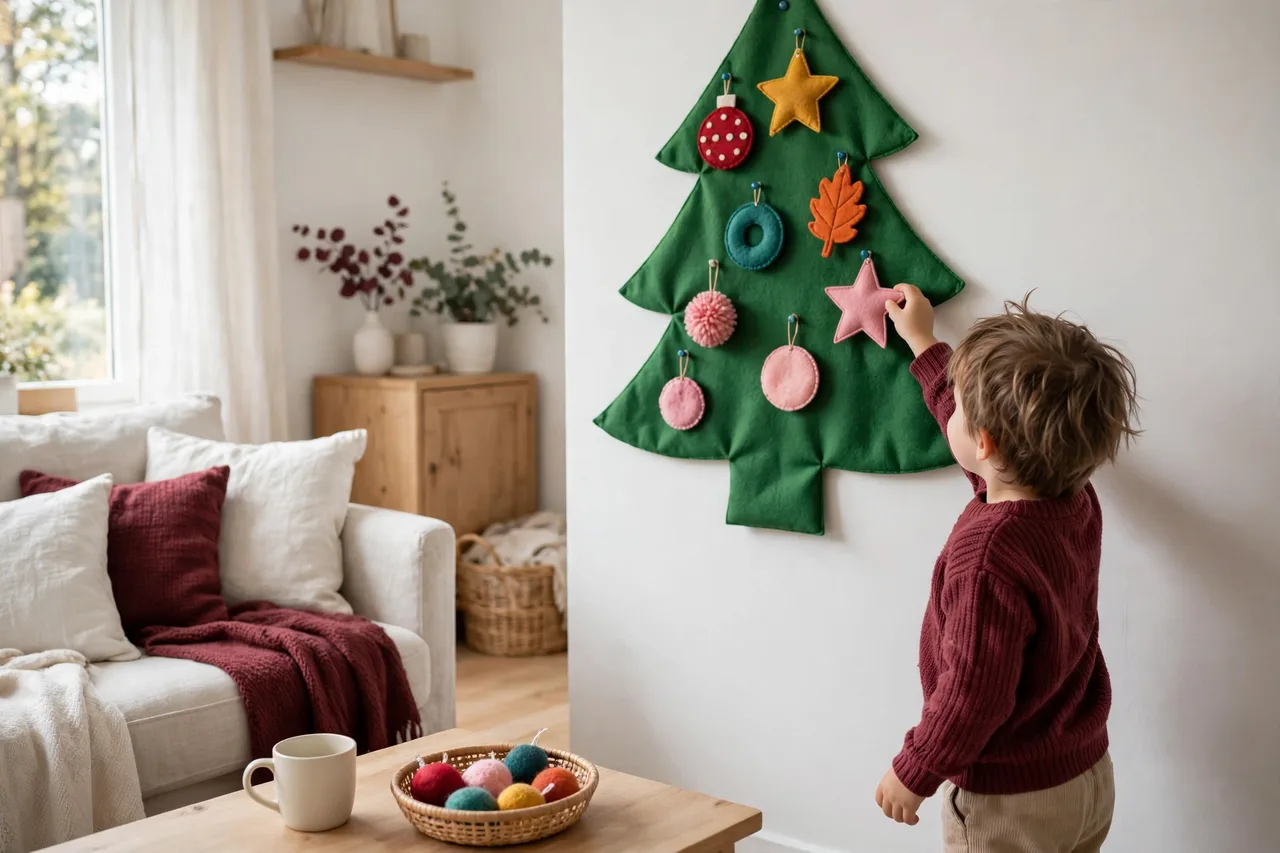 Felt Christmas tree on wall with child placing felt ornament