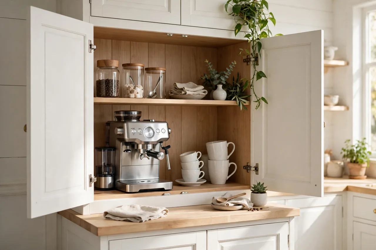 Hidden coffee bar inside an open kitchen cabinet