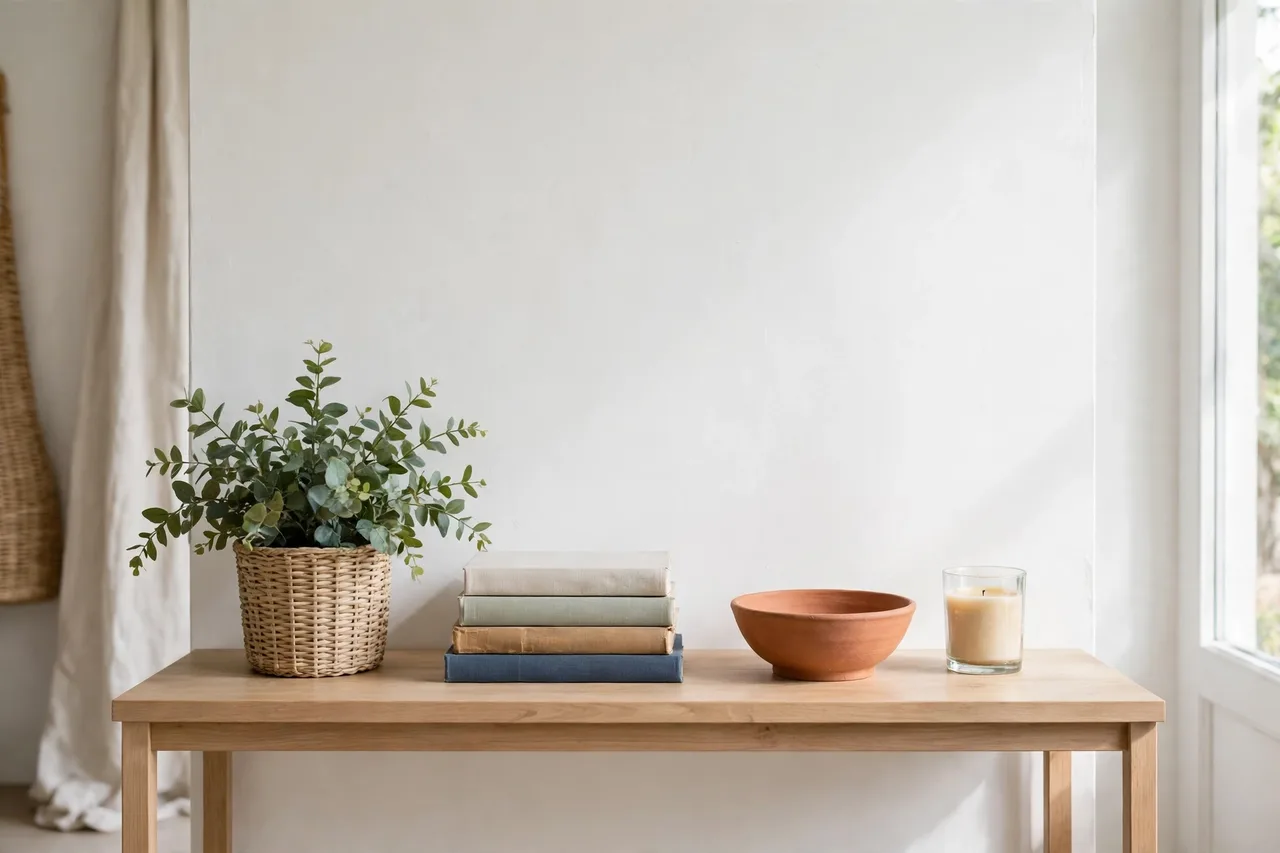 Edited shelf with four objects and generous empty space
