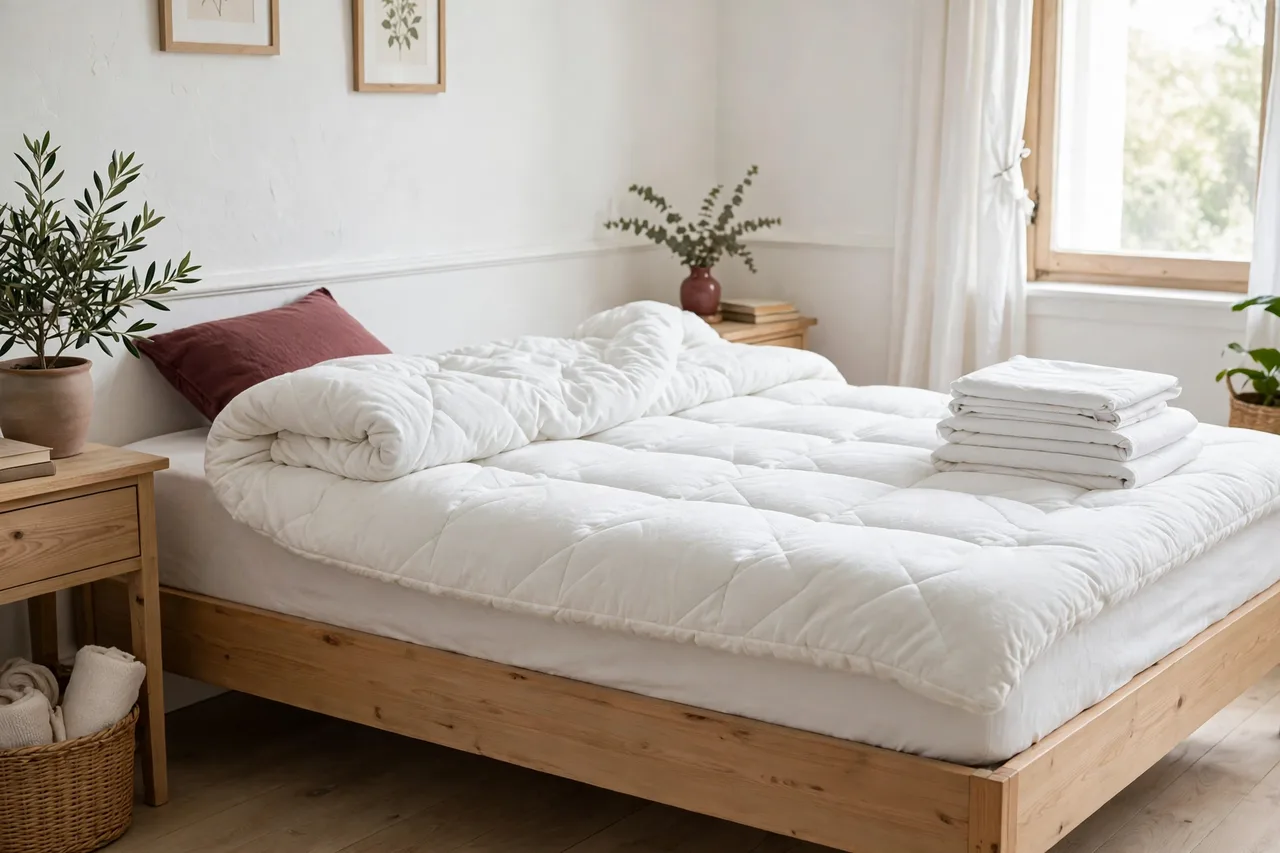 Plush mattress topper on a guest bed under the fitted sheet