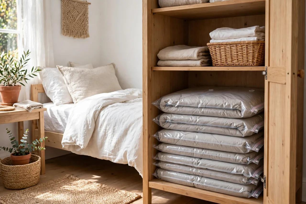Flat vacuum storage bags with compressed duvets stacked in a wardrobe
