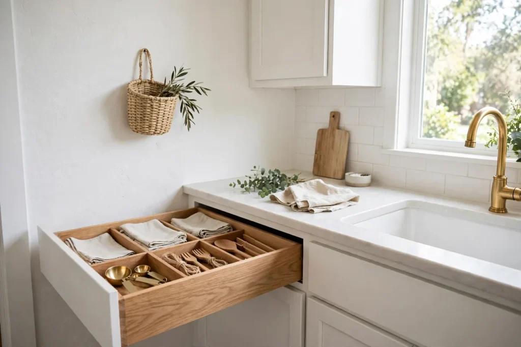 Woven wall basket and a tidy everything drawer beside a clear kitchen counter