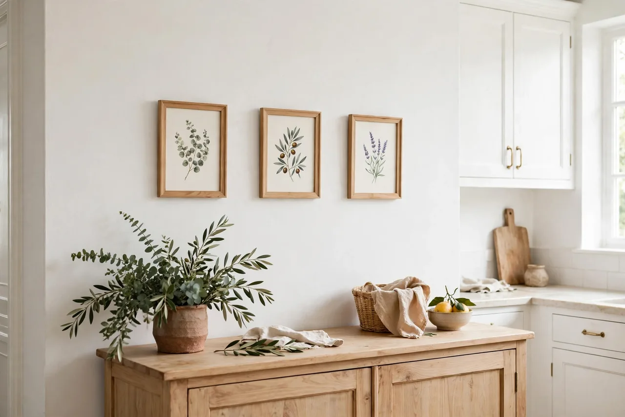 Three framed botanical prints as a quiet kitchen gallery