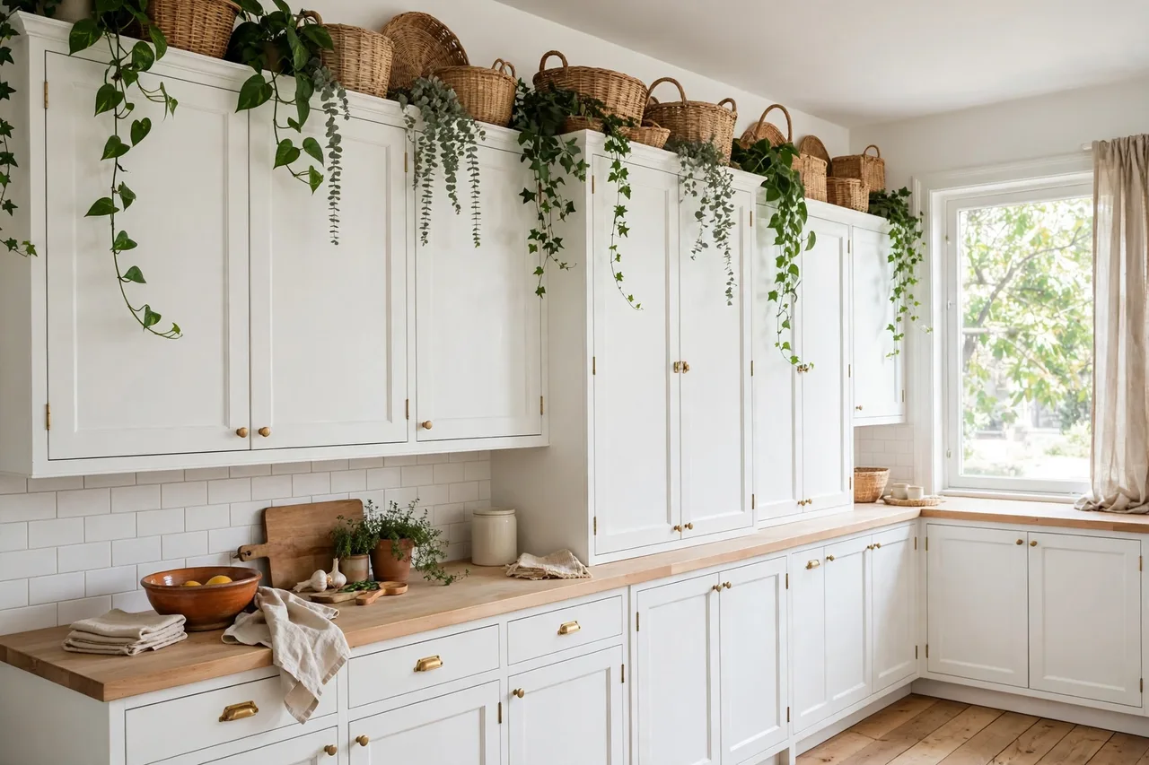 Baskets and trailing greenery styled above kitchen cabinets