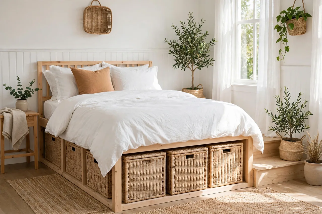 Bed on wooden risers with taller storage boxes underneath