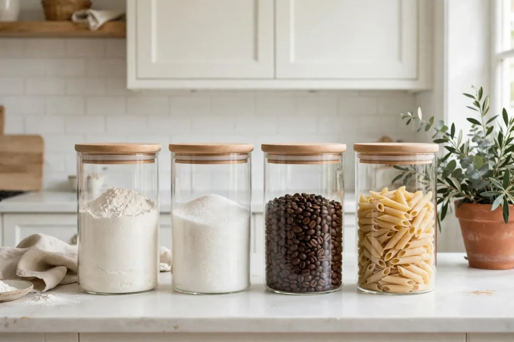 Matching glass canisters with wood lids holding flour, sugar, coffee and pasta