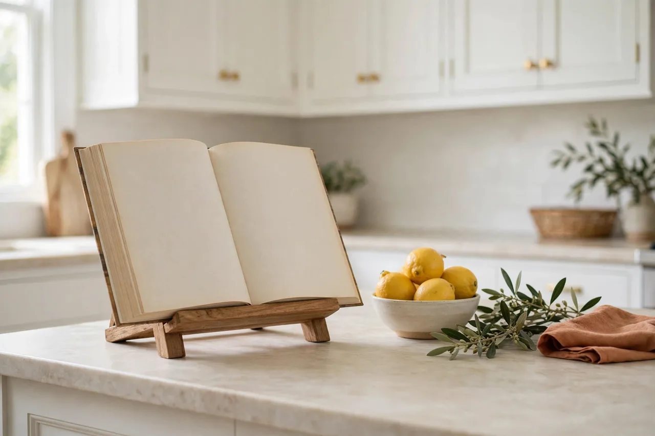 Open cookbook on a wooden stand with a bowl of lemons beside it