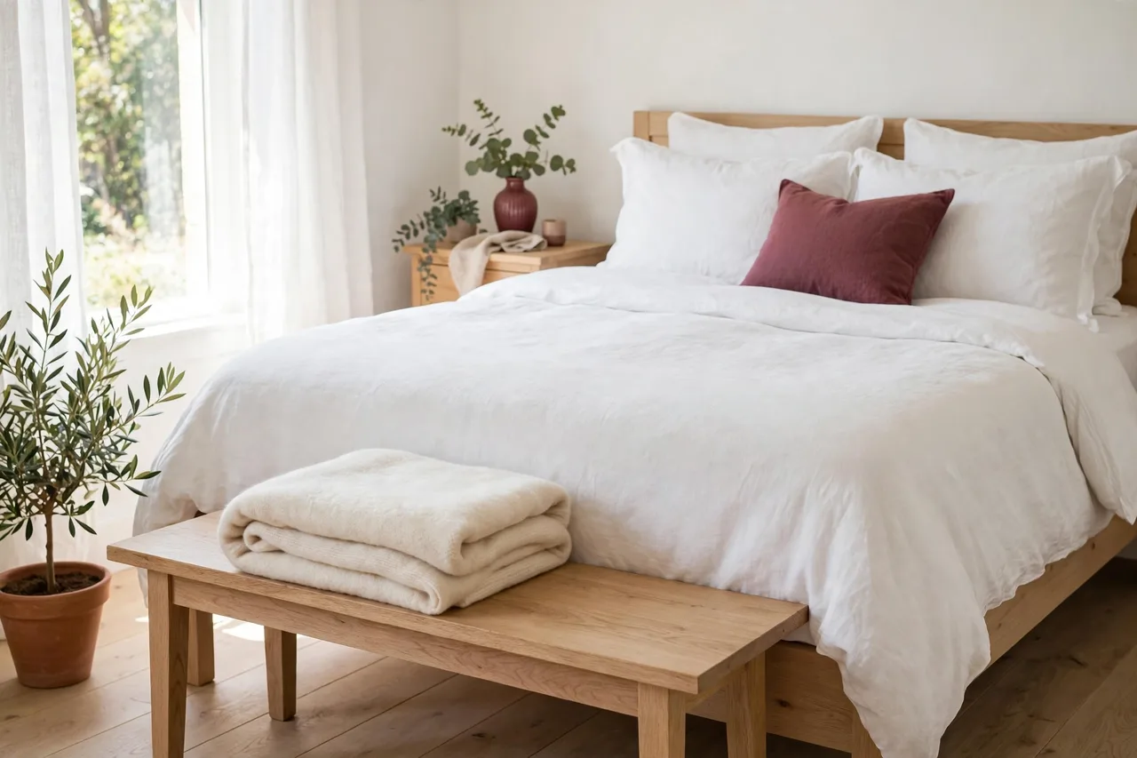 Cream blanket folded at the foot of a white guest bed within reach