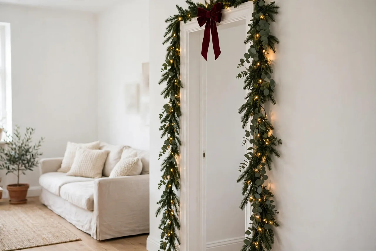 Green garland with fairy lights up a white doorframe