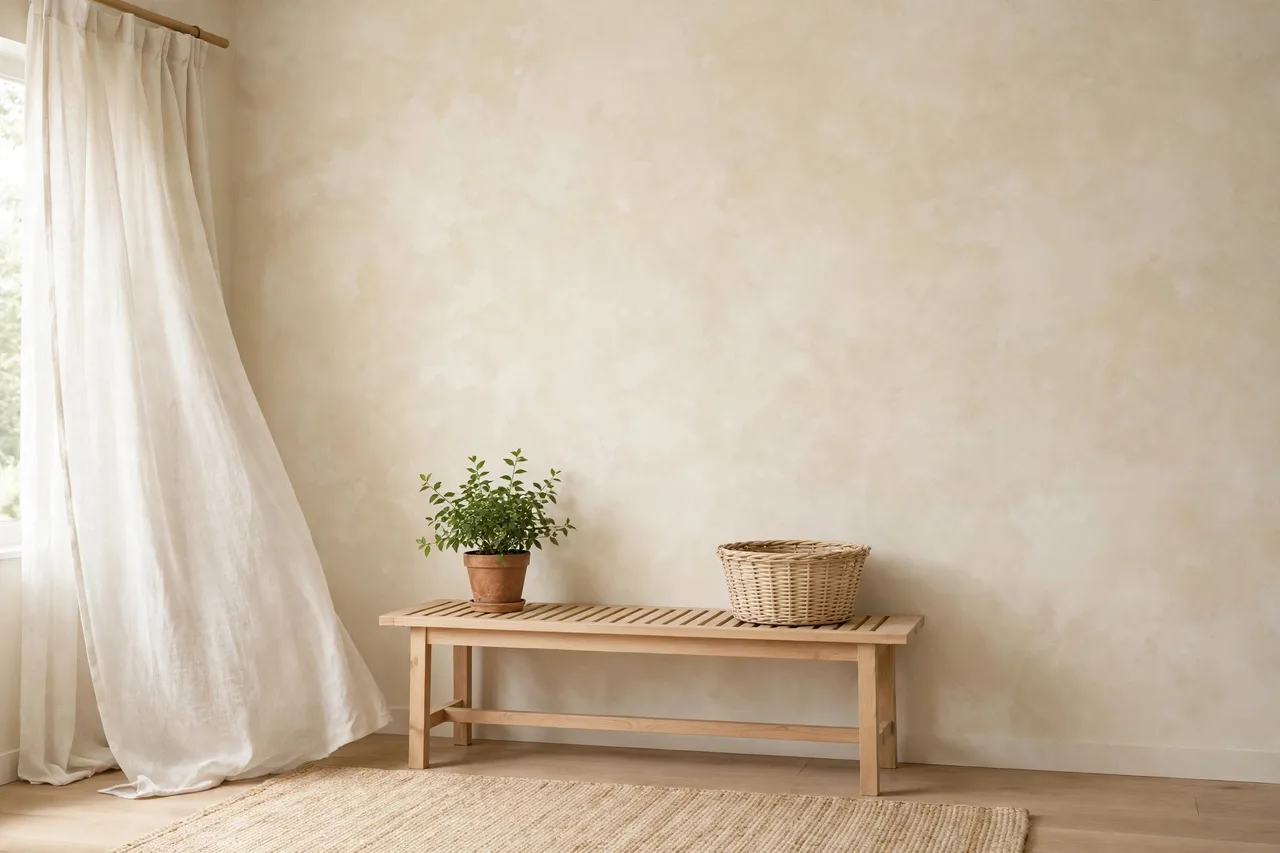 Limewash-look warm wall with cloudy plaster texture behind a sofa
