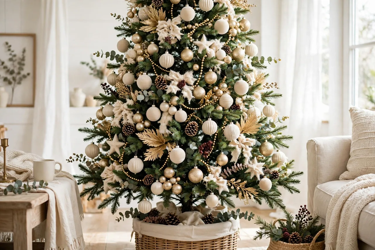 Christmas tree in one palette: cream and soft gold ornaments clustered at depths