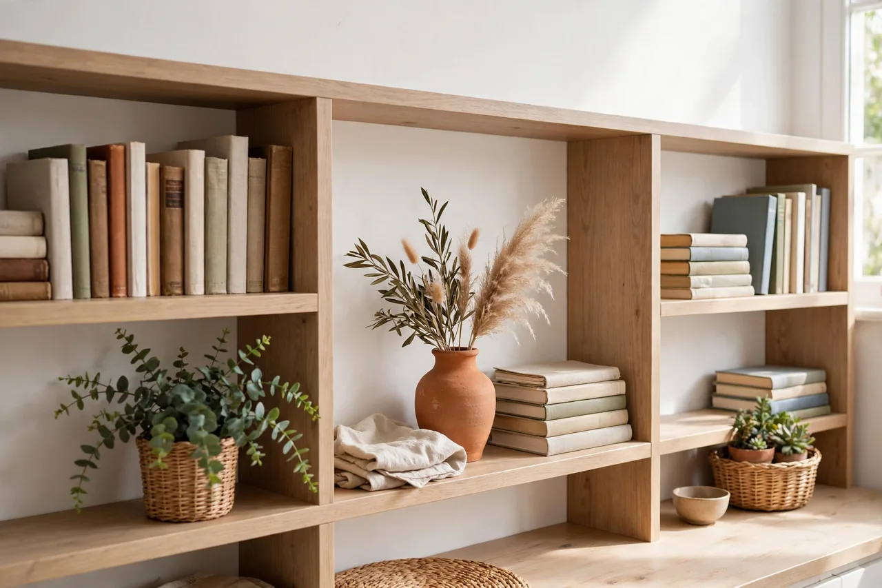 Bookcase restyled with grouped books, a basket and empty pockets