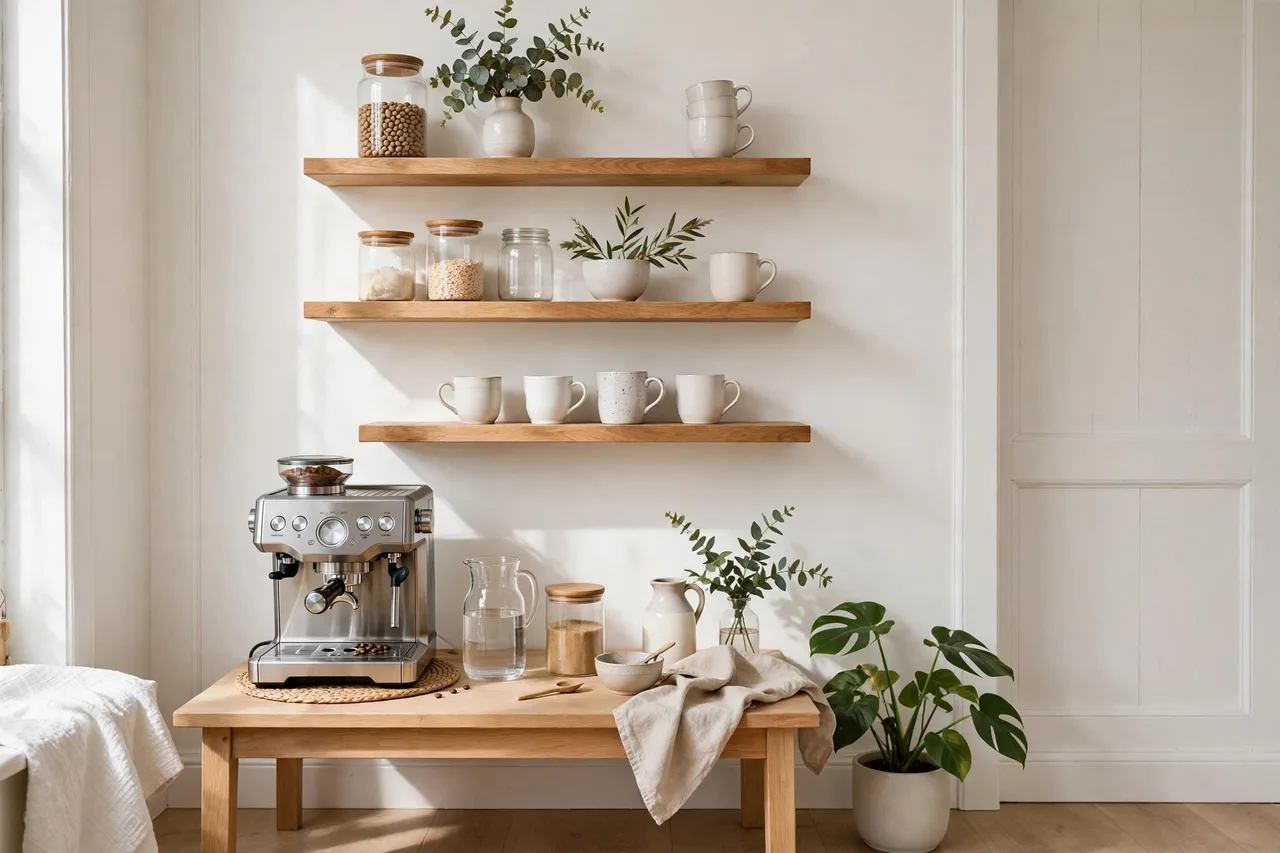 Coffee station on a small table under floating shelves