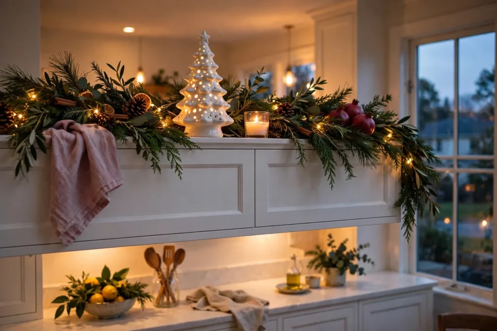 Small ceramic Christmas tree glowing on top of kitchen cabinets in the evening