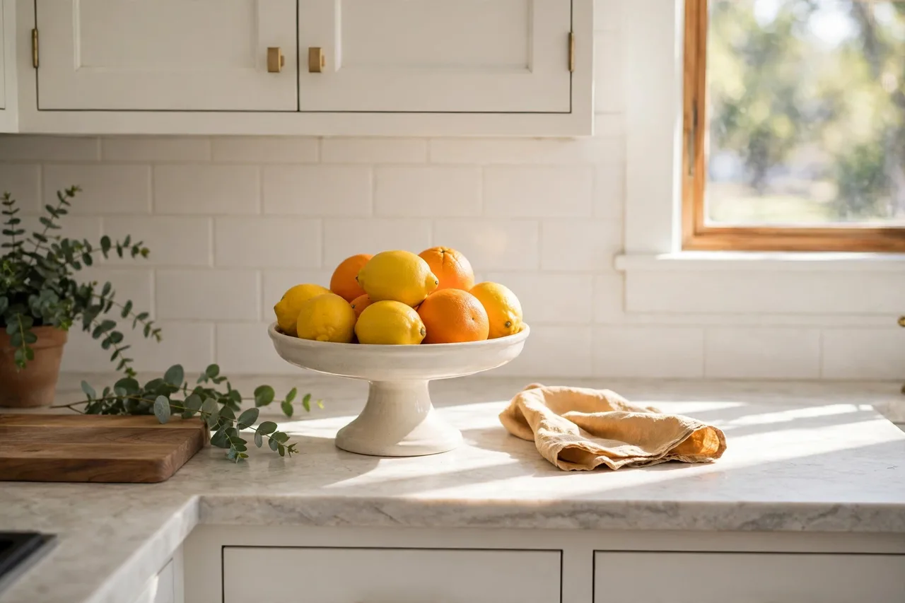 Pedestal fruit bowl with lemons and oranges on a white counter