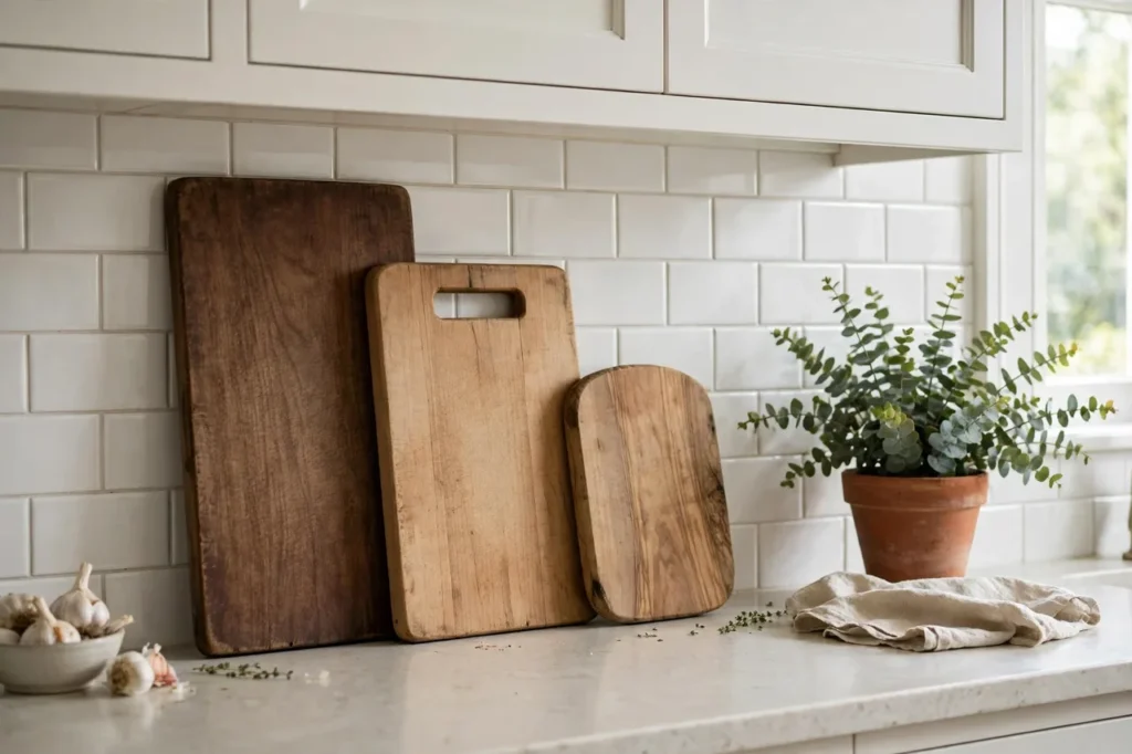 Wooden cutting boards leaning against a white tile backsplash
