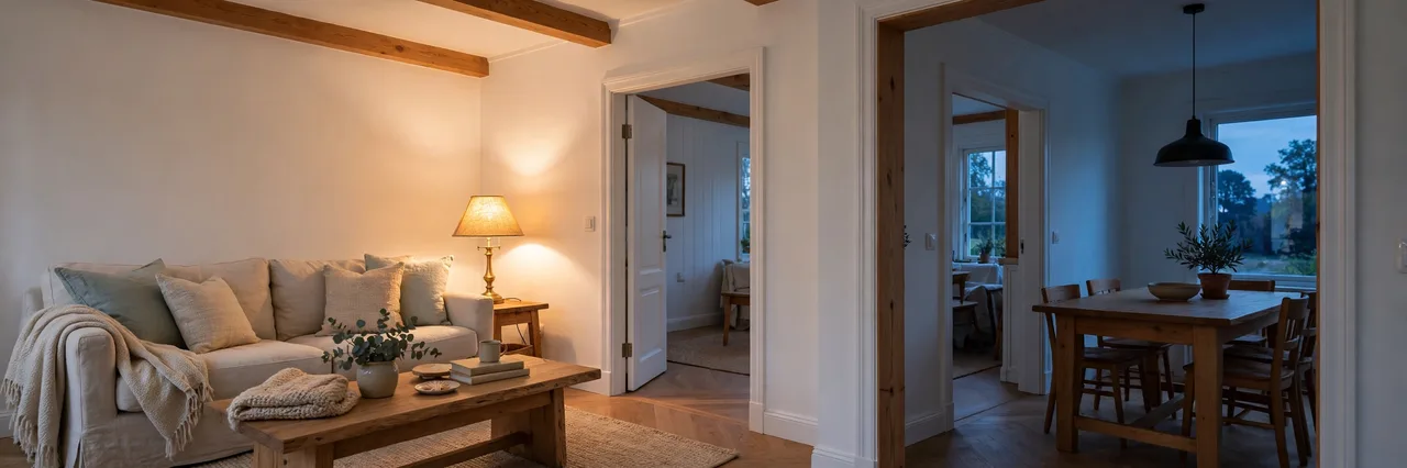 Living room at early evening with one warm lamp moved beside the sofa