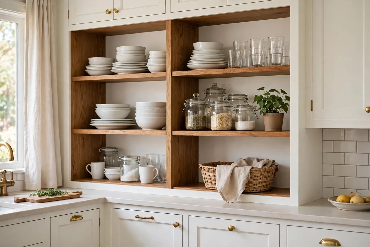 Open kitchen shelves with everyday dishes and a plant