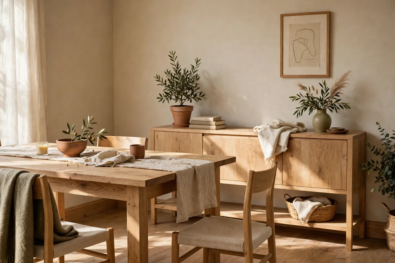 Real wood coffee table with visible grain in warm daylight