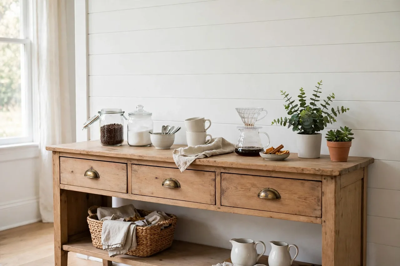 Repurposed dresser styled as a coffee station