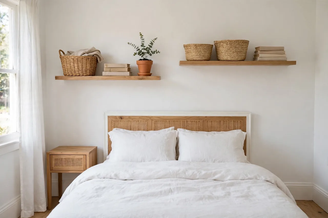 Floating shelves above a headboard with baskets, books and a plant