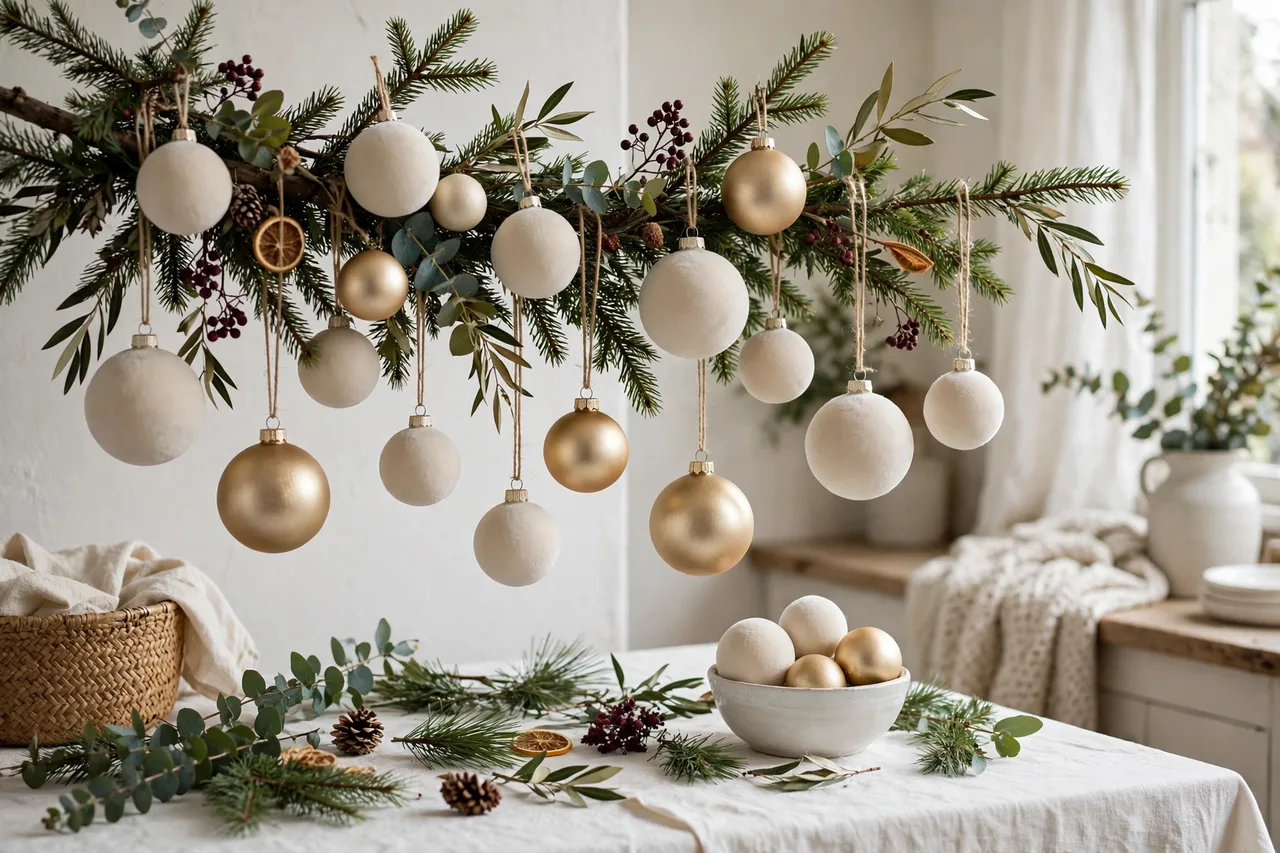 Baubles in matte cream and metallic gold finishes on a tree branch