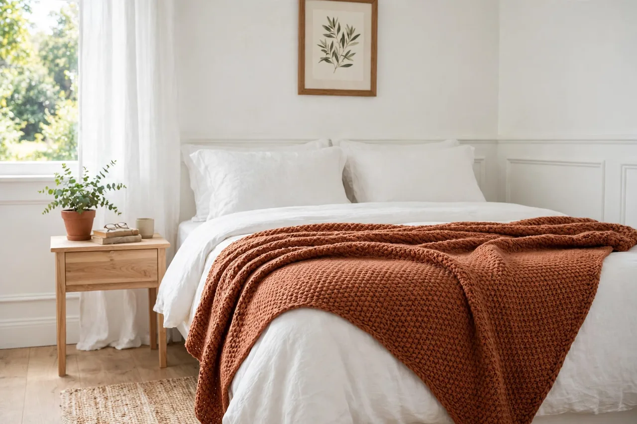 Textured throw draped across the foot of a white guest bed