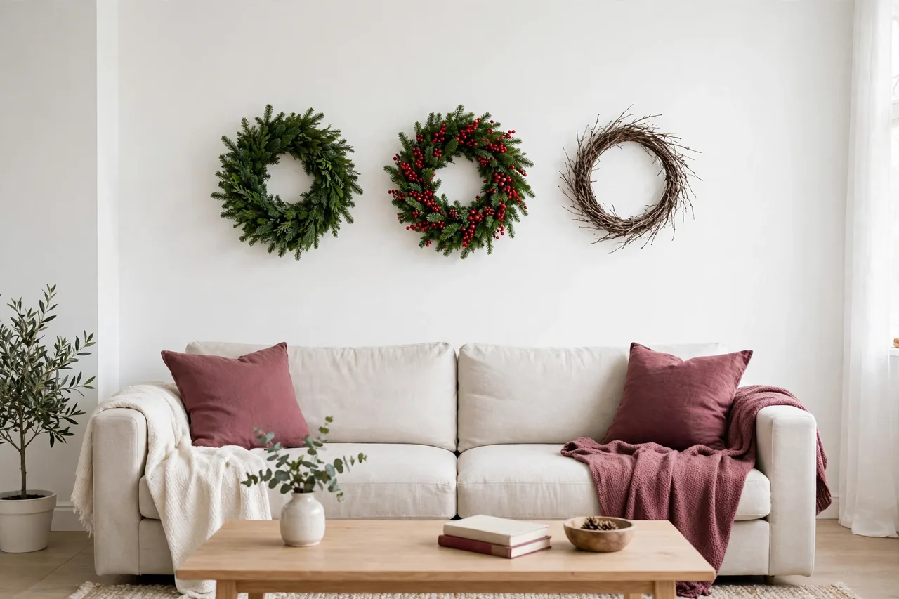 Three small Christmas wreaths in a row above a sofa