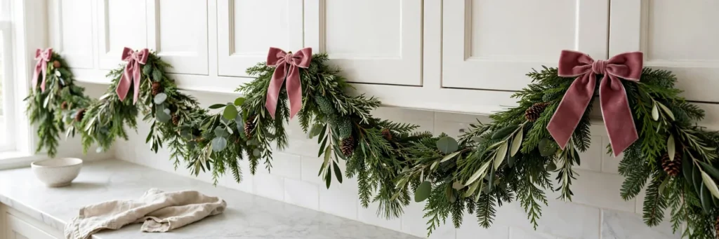 Burgundy velvet bows clipped at the dips of a garland on cabinet doors