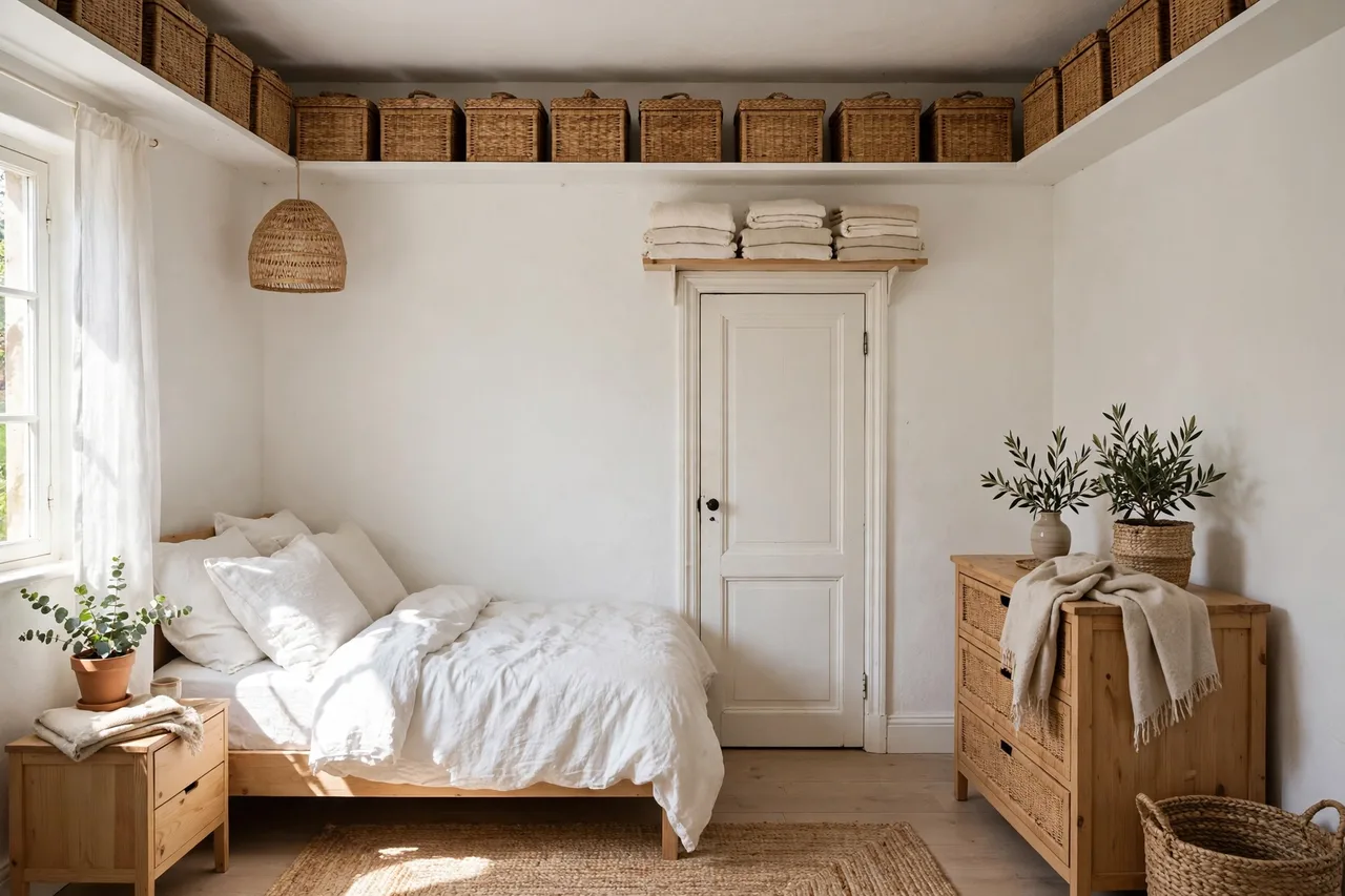 High shelf line with matching boxes and a shelf above the bedroom door