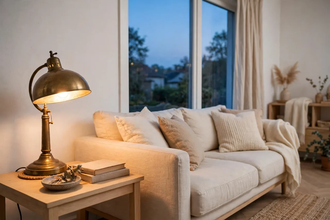 Living room glowing at dusk under one warm thrifted lamp