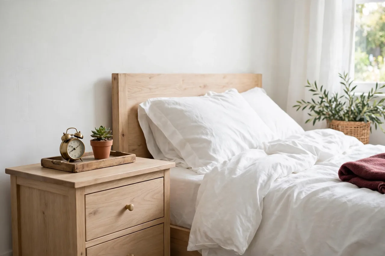 Clear nightstand with a small wooden tray, lamp and one book