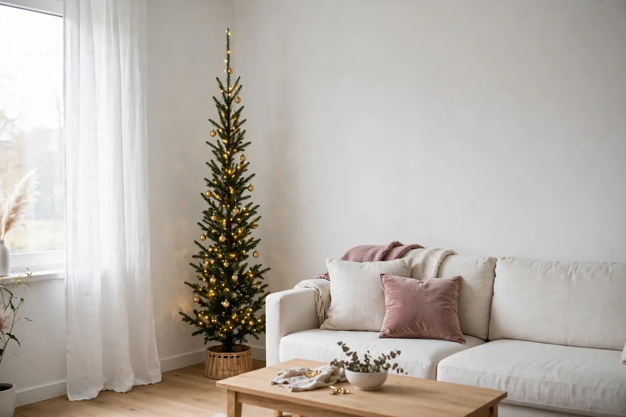 Slim pencil Christmas tree in a small living room corner