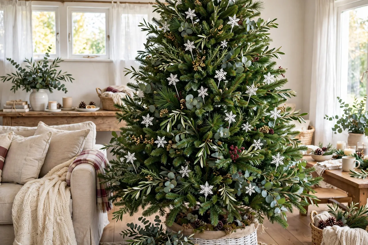 Greenery and snowflake picks tucked into a tree for fullness