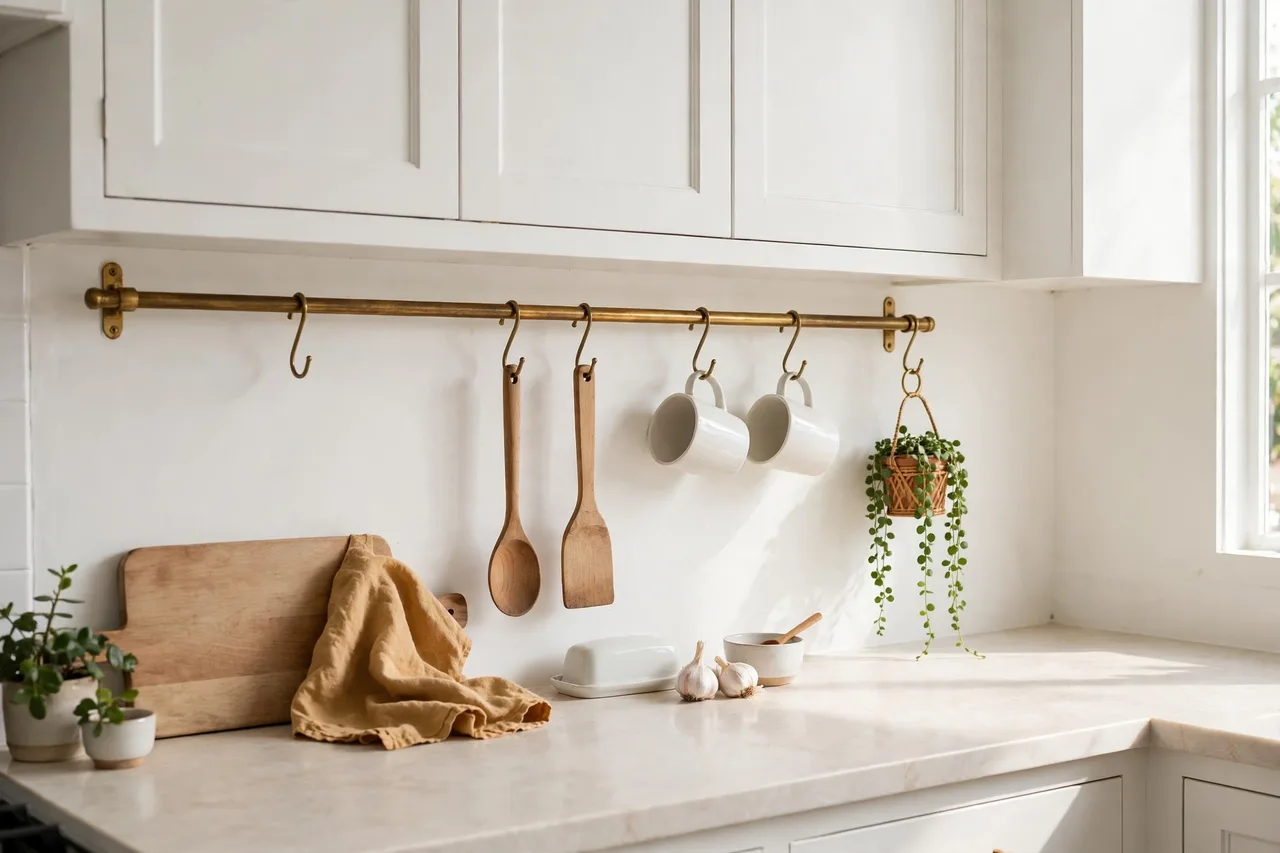 Rail with S-hooks holding utensils, mugs and a hanging plant