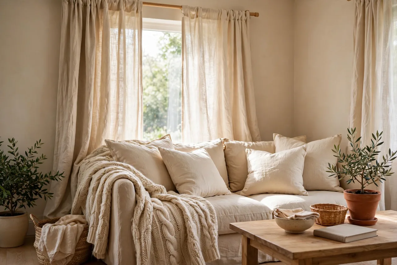 Cream sofa layered with a wool throw and linen cushions