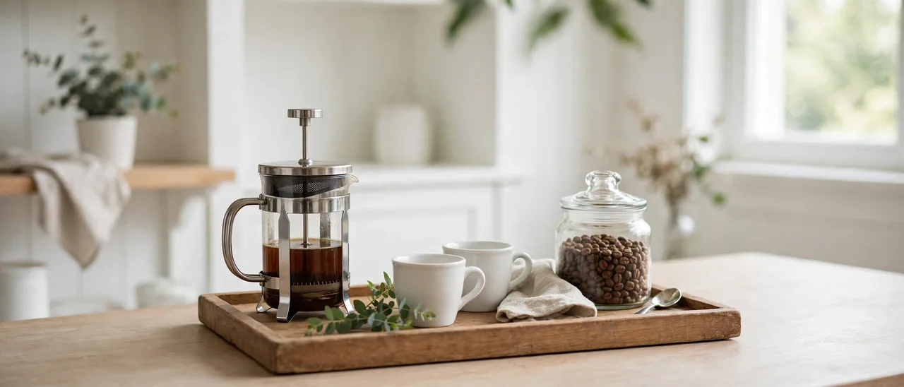 Tray-only mini coffee station with French press and two mugs