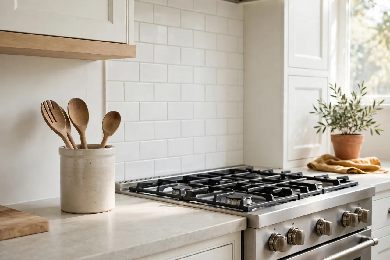 Ceramic utensil crock with wooden spoons beside a stove