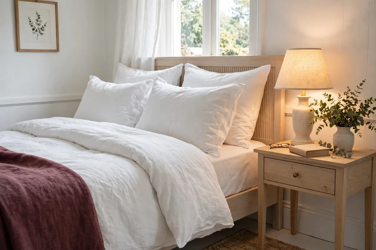Bedside lamp glowing warmly beside the pillow