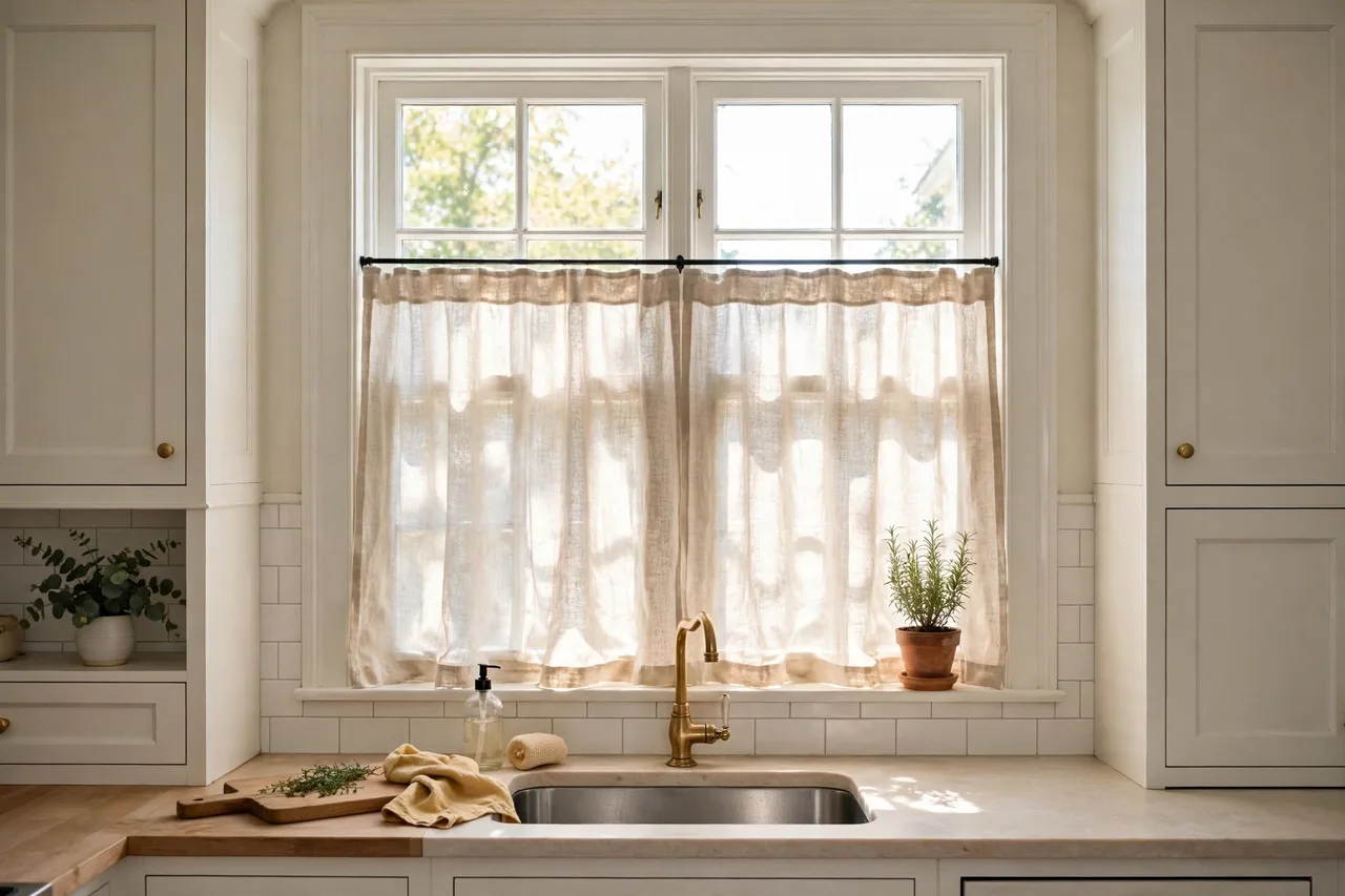 Linen café curtain on a tension rod at the sink window