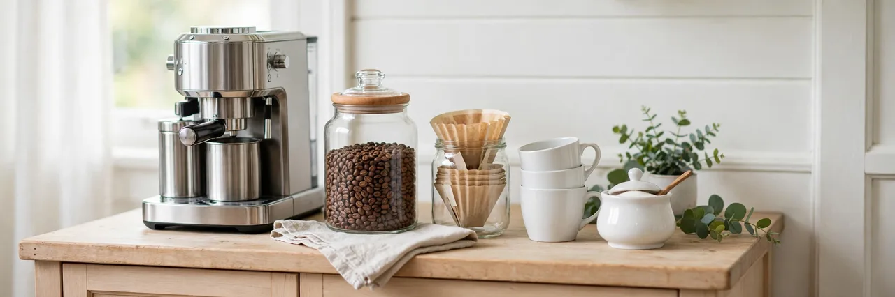 Coffee essentials lineup: machine, beans, filters, mugs, sugar