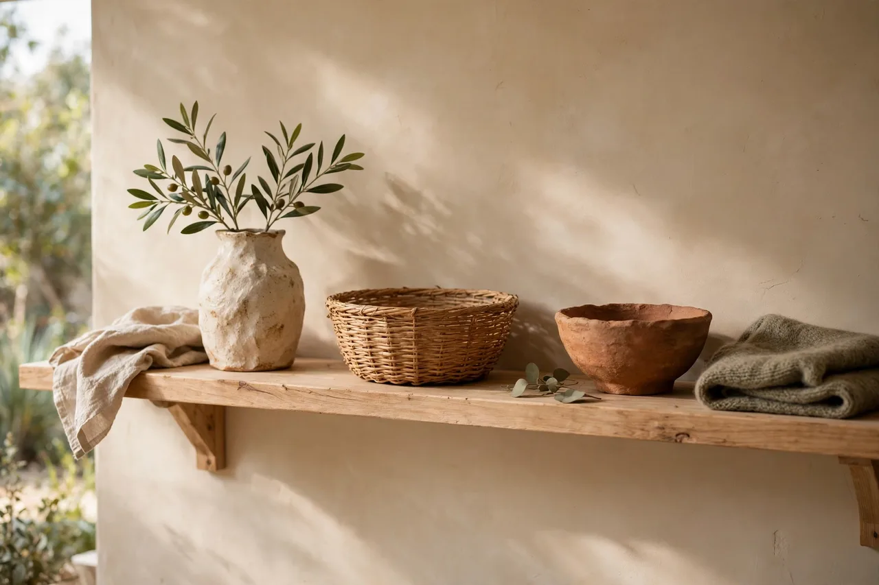 Hand-thrown ceramic bowls and a woven basket on a wood shelf