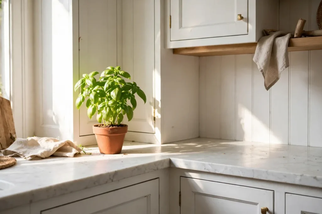 Small potted herb plant in the corner of a bright kitchen counter