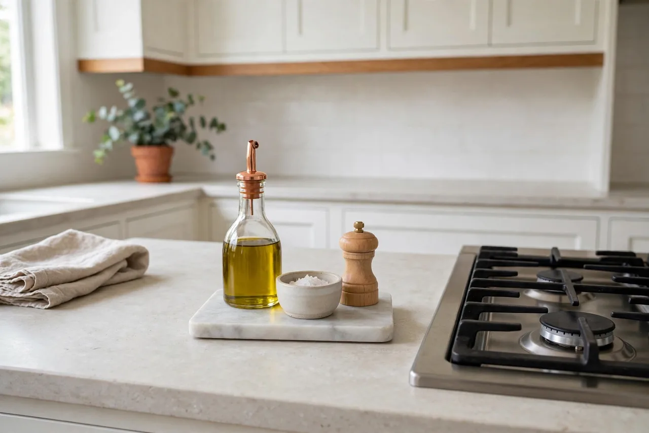 Oil dispenser, salt cellar and pepper mill on a small board by the stove