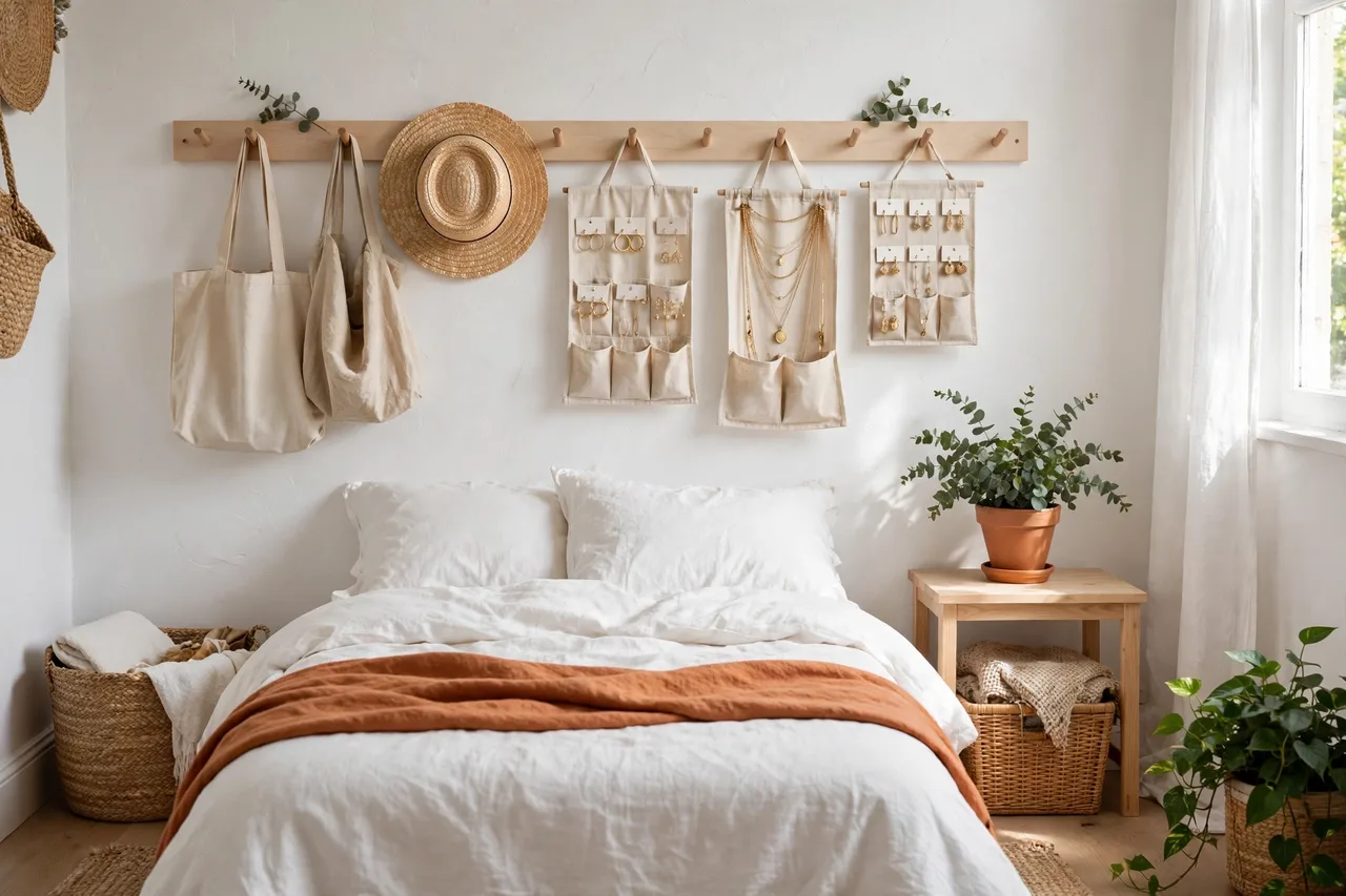 Wooden peg rail holding bags, a hat and jewelry on a bedroom wall