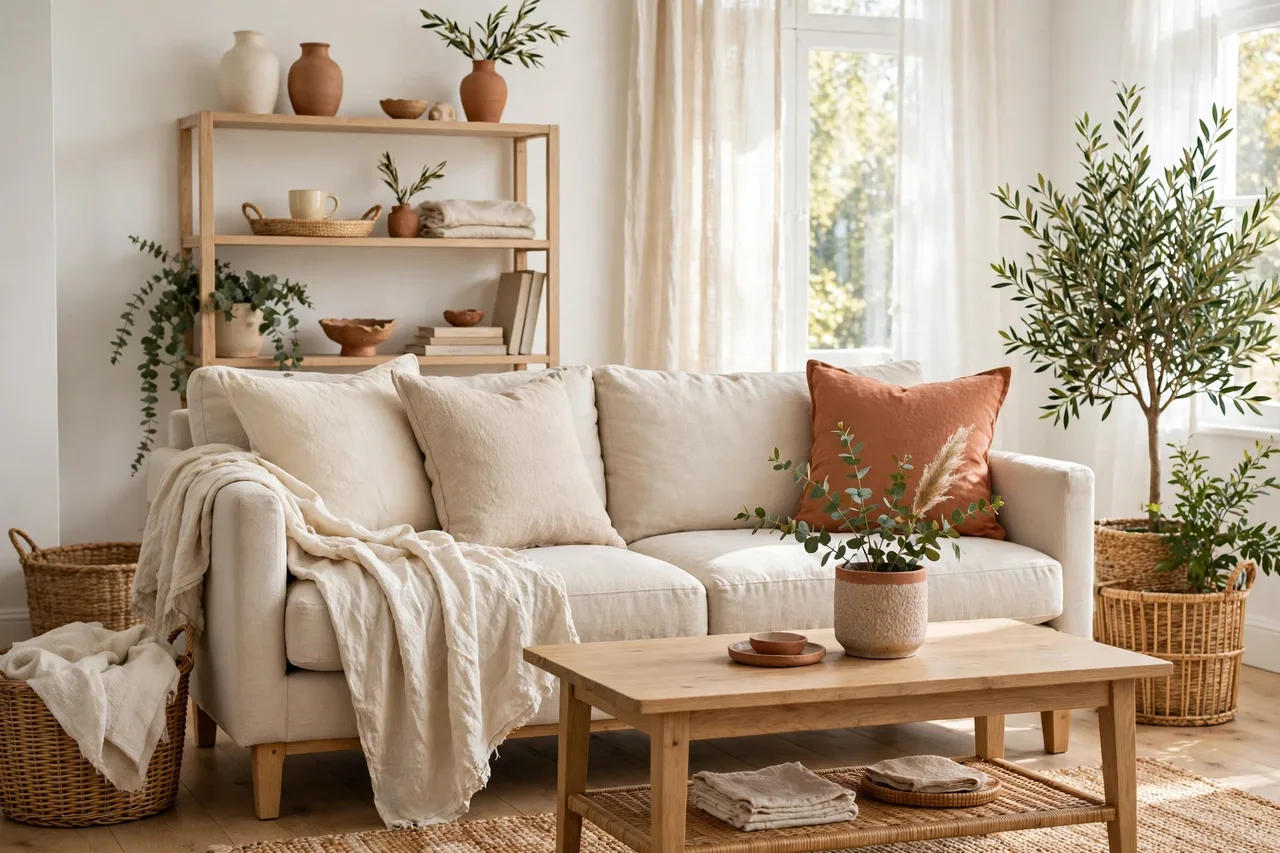 Sofa with cushion covers in one calm cream and terracotta palette